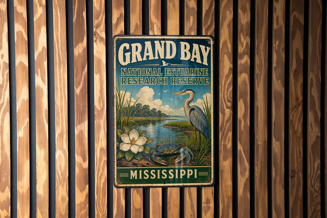 A vintage-style metal sign for the Grand Bay National Estuarine Research Reserve in Mississippi, featuring an illustration of a bird, flowers, and a river.