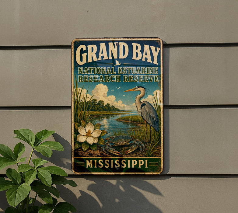 A vintage-style sign for the Grand Bay National Estuarine Research Reserve in Mississippi, featuring a bird, flowers, and a river.