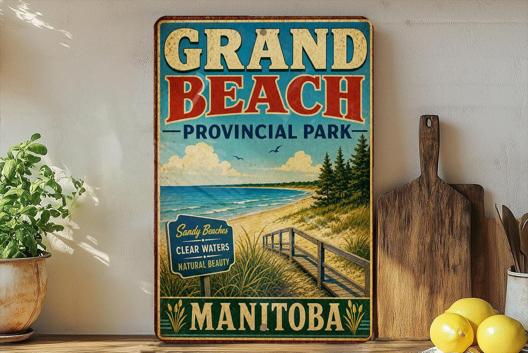 A vintage-style sign for Grand Beach Provincial Park in Manitoba, featuring a beach scene with a wooden walkway leading to the sand and water.