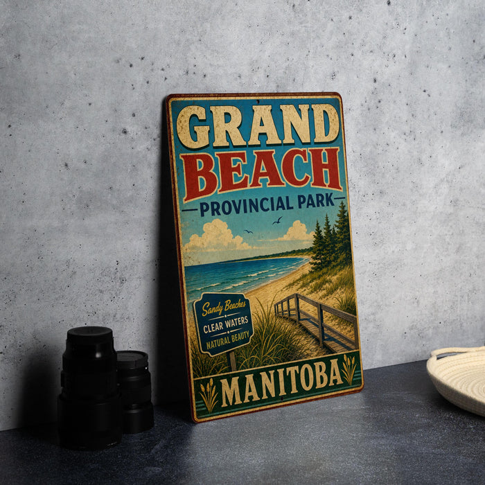 A vintage-style metal sign for Grand Beach Provincial Park in Manitoba, featuring a beach scene with a wooden walkway and a sign that says "Sandy Beach Clear Waters Natural Beauty".