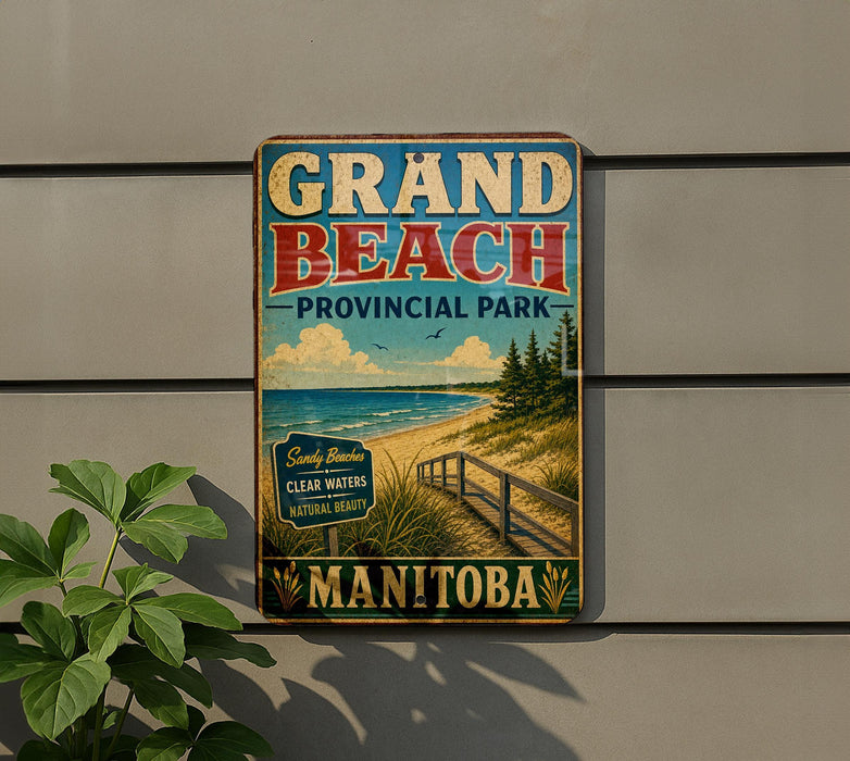 A vintage-style metal sign for Grand Beach Provincial Park in Manitoba, Canada, featuring a beach scene with a wooden walkway leading to the sandy beach.