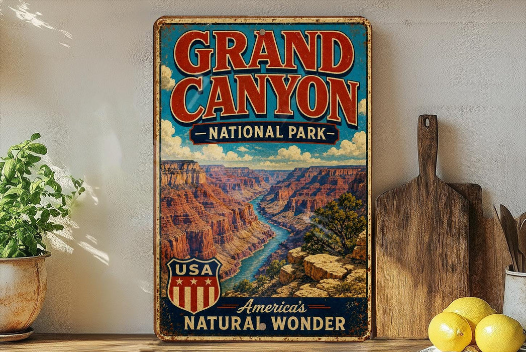 A vintage-style sign for the Grand Canyon National Park, featuring a scenic illustration of the canyon and the text "Grand Canyon - NATIONAL PARK - AMERICA'S NATURAL WONDER".