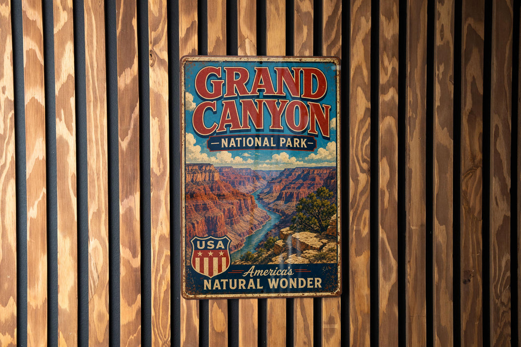 A vintage-style metal sign for the Grand Canyon National Park, featuring a scenic illustration of the canyon and the text "Grand Canyon National Park - American Natural Wonder".