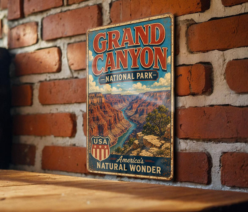 A vintage-style metal sign for the Grand Canyon National Park, featuring a scenic illustration of the canyon and the text "Grand Canyon National Park" and "America's Natural Wonder".
