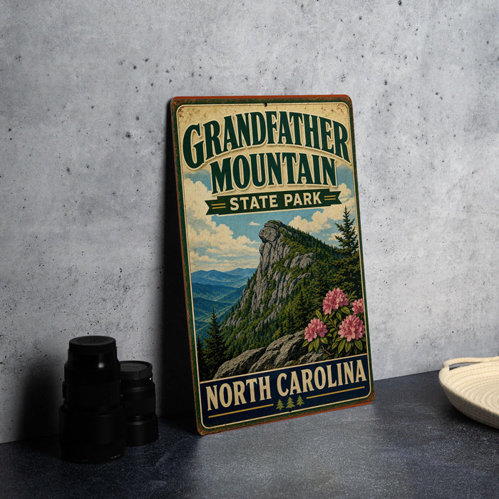 A vintage-style sign for Grandfather Mountain State Park in North Carolina, featuring a mountain landscape with pink flowers.