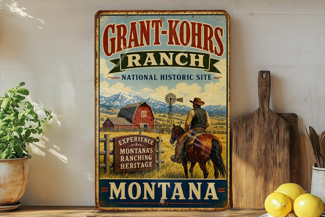 a vintage-style sign for Grant-Kohrs Ranch, which is a National Historic Site in Montana. The sign depicts a cowboy riding a horse in front of a red barn, with mountains in the background. The sign also includes the text "Grant-Kohrs Ranch" and "Montana", indicating the location and name of the ranch.