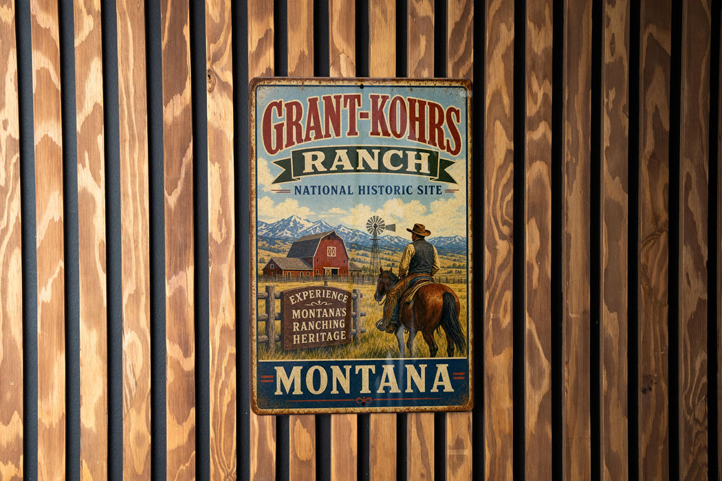 A vintage metal sign for Grant-Kohrs Ranch, a National Historic Site in Montana, featuring a cowboy on horseback and a barn in the background.