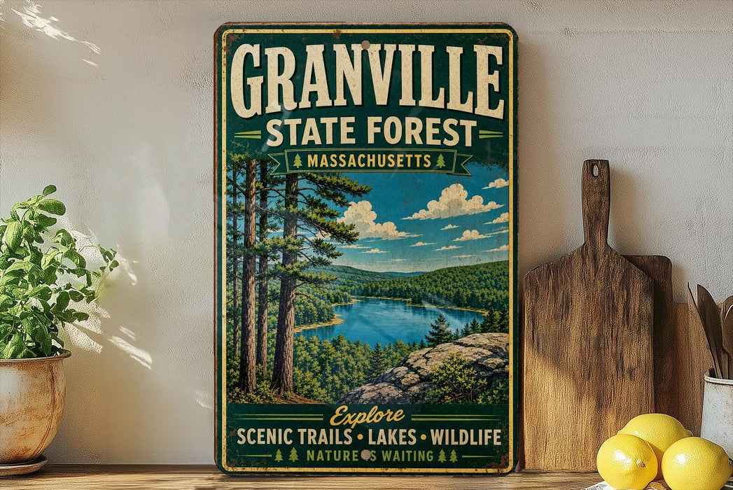 A vintage-style metal sign for Granville State Forest in Massachusetts, featuring a scenic landscape with pine trees, a lake, and mountains.