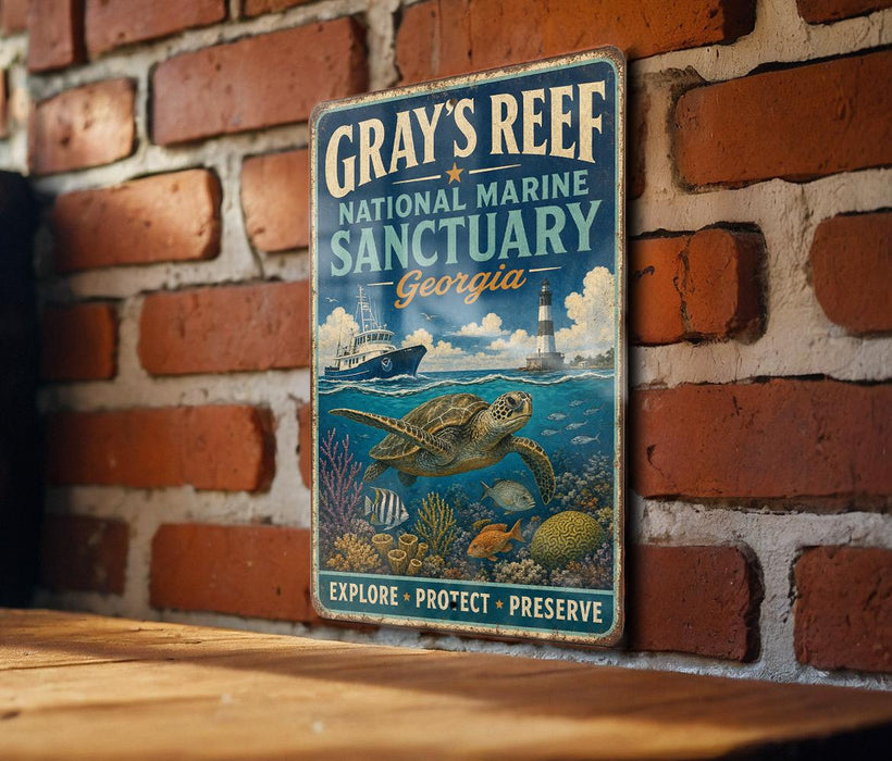 A vintage metal sign for Gray's Reef National Marine Sanctuary in Georgia, featuring an illustration of a turtle swimming among coral and fish.