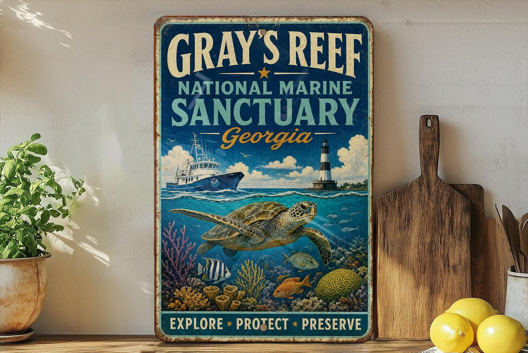 A vintage-style sign for Gray's Reef National Marine Sanctuary in Georgia, featuring a turtle swimming among colorful coral and fish.