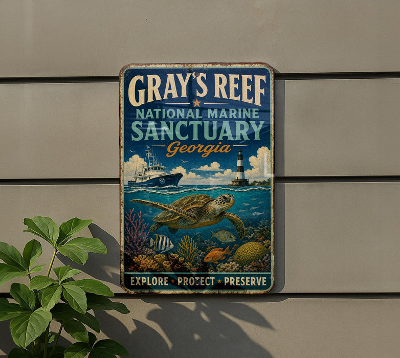 A vintage metal sign for the Gray's Reef National Marine Sanctuary in Georgia, featuring an illustration of a turtle swimming among coral and marine life.