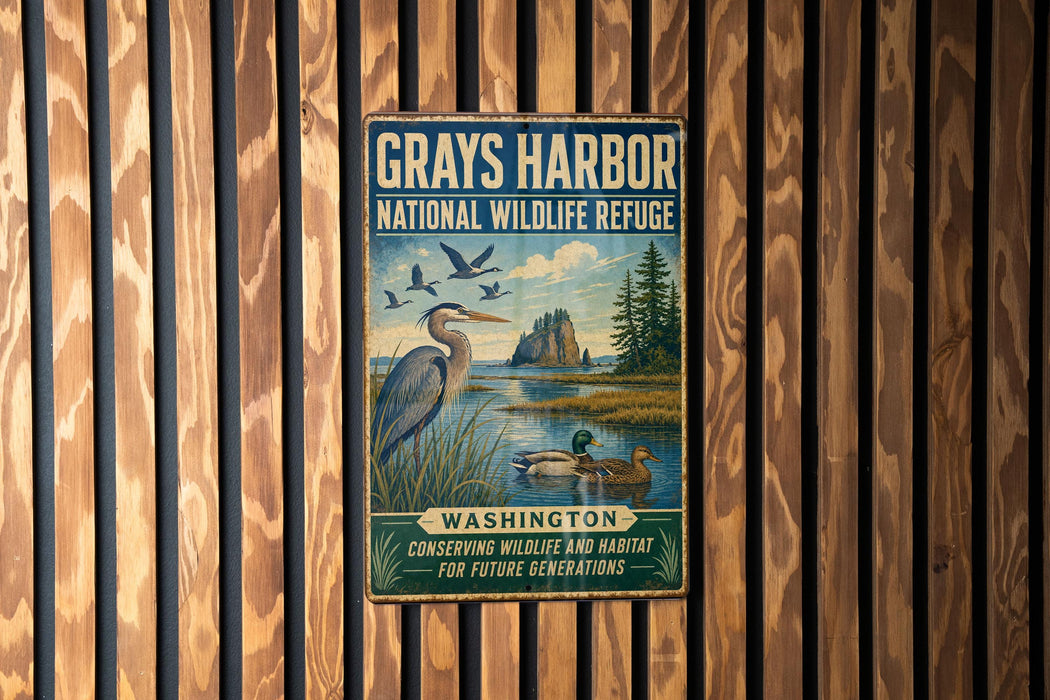 A vintage-style metal sign for the Grays Harbor National Wildlife Refuge in Washington, featuring a seagull and ducks in a grassy area with a mountain backdrop.