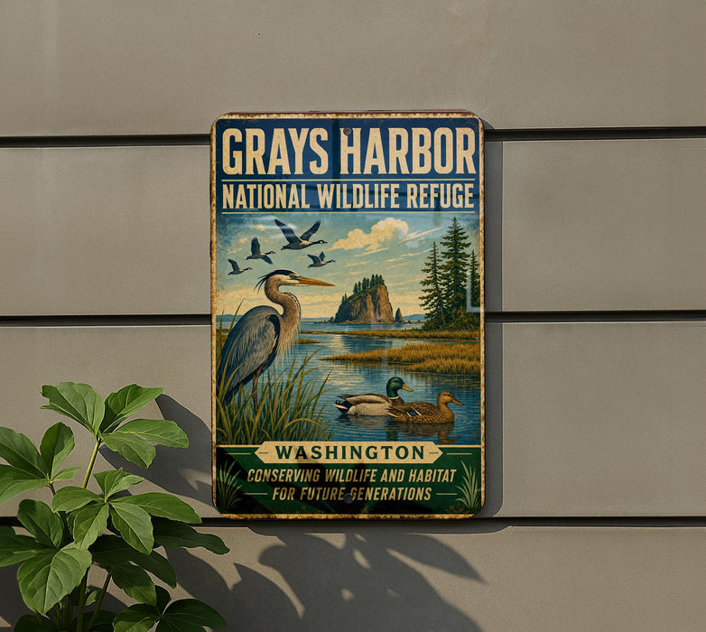 A vintage-style sign for the Grays Harbor National Wildlife Refuge in Washington, featuring illustrations of various birds and wildlife in a natural setting.