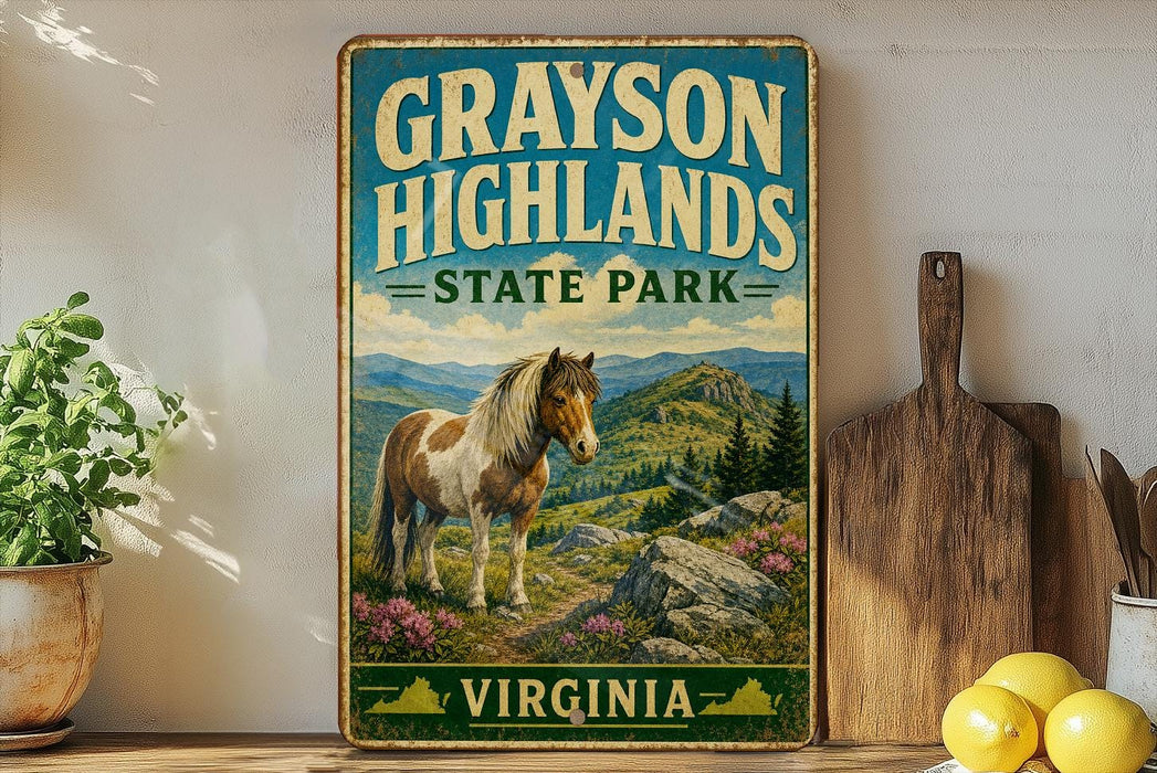 A vintage-style sign for Grayson Highlands State Park in Virginia, featuring a horse in a mountainous landscape.
