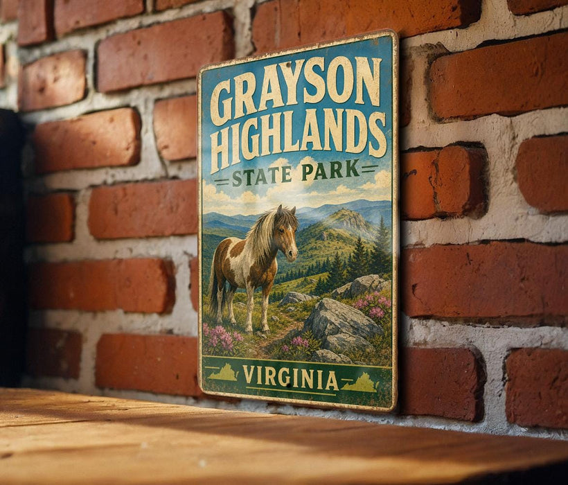 A vintage metal sign for Grayson Highlands State Park in Virginia, featuring a horse in a mountainous landscape.