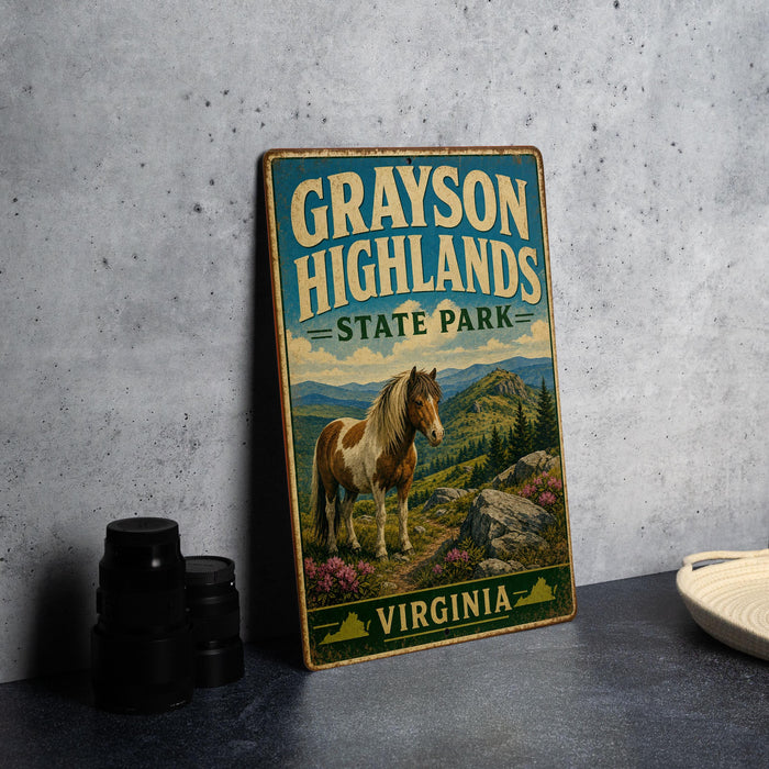 A vintage-style sign for Grayson Highlands State Park in Virginia, featuring a horse in a mountainous landscape.