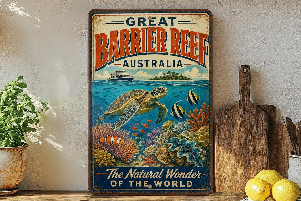 A vintage-style metal sign with the text "GREAT BARRIER REEF AUSTRALIA" and an illustration of a sea turtle swimming among colorful coral and fish.