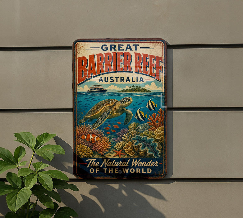 A vintage-style metal sign with the text "GREAT BARRIER REEF AUSTRALIA" and an illustration of a sea turtle swimming among colorful coral and fish.