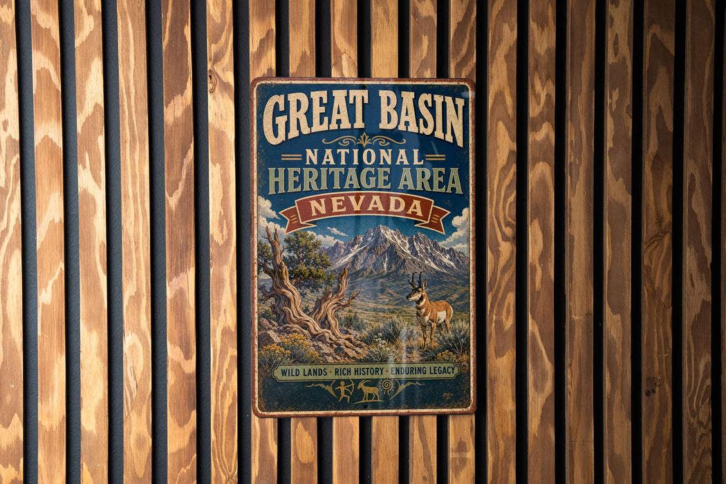 A vintage metal sign for the Great Basin National Heritage Area in Nevada, featuring a mountain landscape and a lone antelope.