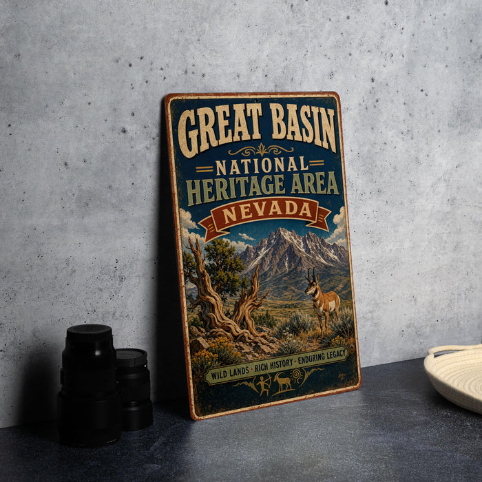A vintage-style sign for the Great Basin National Heritage Area in Nevada, featuring a mountain landscape and wildlife.
