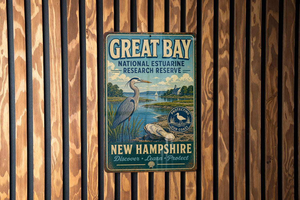 A vintage-style metal sign for the Great Bay National Estuarine Research Reserve in New Hampshire, featuring a blue heron and a scenic landscape.