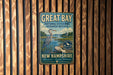 A vintage-style metal sign for the Great Bay National Estuarine Research Reserve in New Hampshire, featuring a blue heron and a scenic landscape.