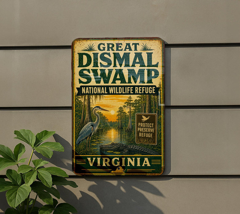 A vintage-style metal sign for the Great Dismal Swamp National Wildlife Refuge in Virginia, featuring an illustration of a bird and a swampy landscape.