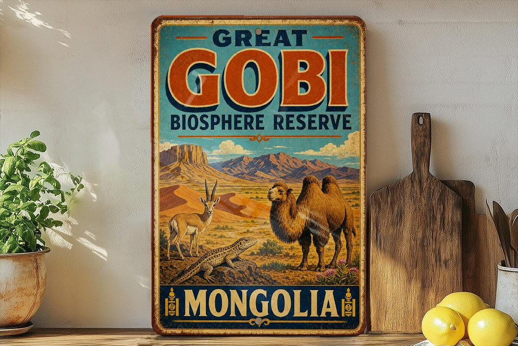 A vintage-style metal sign advertising the Great Gobi Biosphere Reserve in Mongolia, featuring illustrations of various animals such as a camel, gazelle, and antelope in a desert landscape.