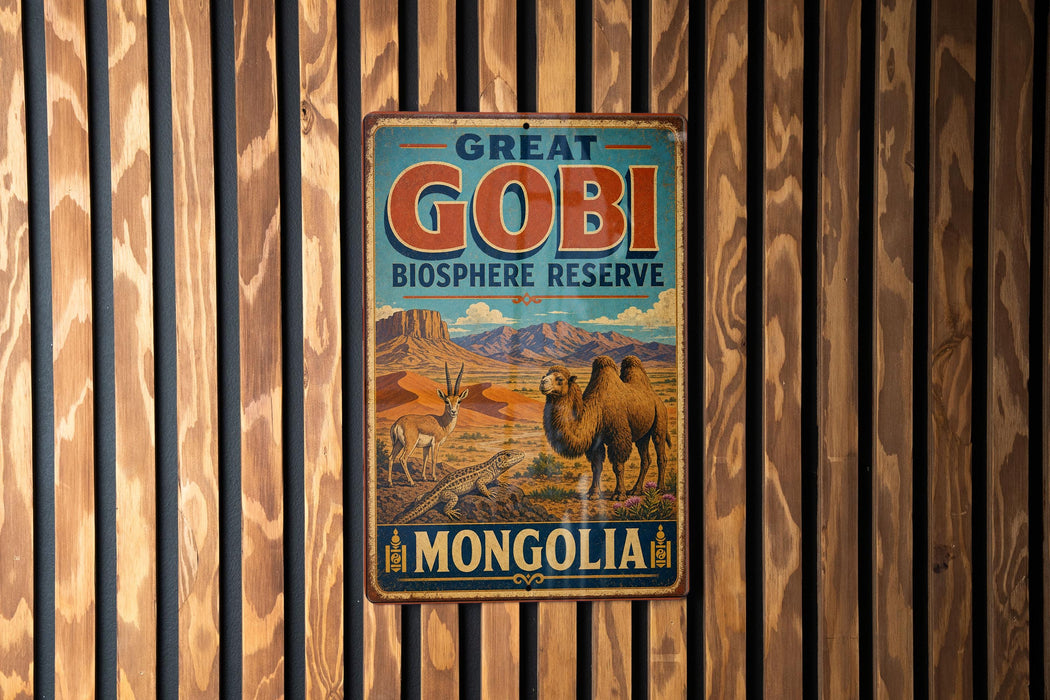 A vintage metal sign with the text "GREAT GOBI Biosphere Reserve" and an illustration of a camel and a gazelle in a desert landscape, mounted on a wooden wall.