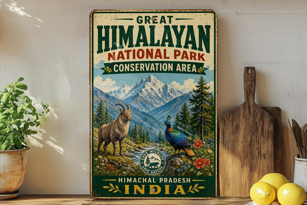 A vintage-style sign for the Great Himalayan National Park, featuring a mountain landscape with a goat and a peacock, along with the text "Great Himalayan National Park Conservation Area" and "Himachal Pradesh, India".