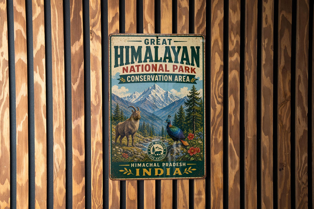 A vintage-style metal sign for the Great Himalayan National Park in India, featuring a mountain landscape with a goat and a peacock.