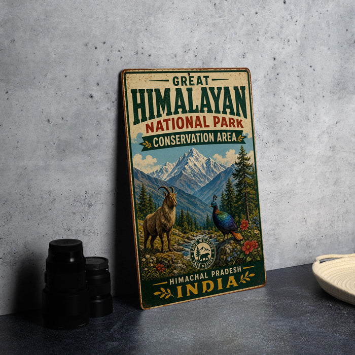 A vintage-style metal sign for the Great Himalayan National Park in the Himalayan region of India, featuring a mountain landscape and wildlife.