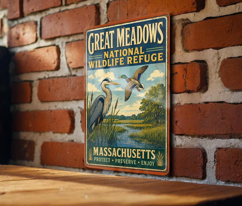 A vintage-style metal sign for the Great Meadows National Wildlife Refuge in Massachusetts, featuring illustrations of birds and a serene landscape.