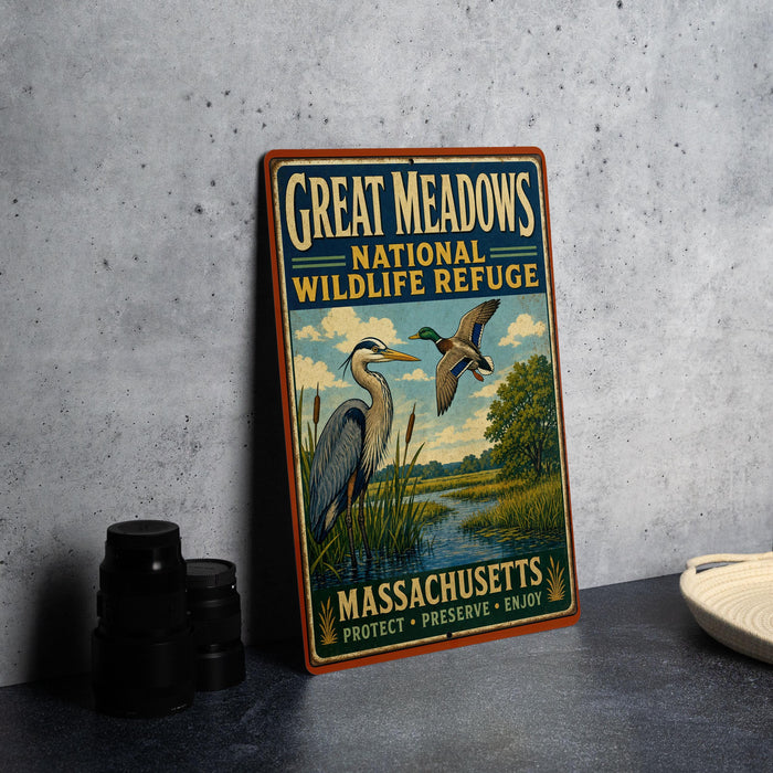 A vintage-style sign for the Great Meadows National Wildlife Refuge in Massachusetts, featuring illustrations of birds and a scenic landscape.