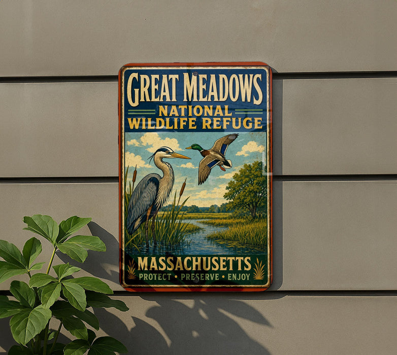 A vintage-style metal sign for the Great Meadows National Wildlife Refuge in Massachusetts, featuring illustrations of birds and a serene landscape.