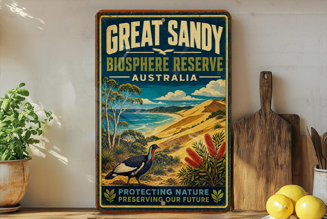 A vintage-style poster for the Great Sandy Biosphere Reserve in Australia, featuring a bird, a beach, and lush vegetation.