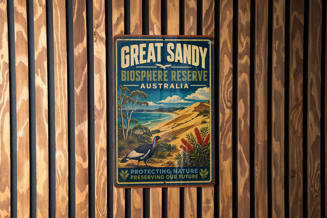 A vintage-style metal sign for the Great Sandy Biosphere Reserve in Australia, featuring a bird and a landscape with a body of water.