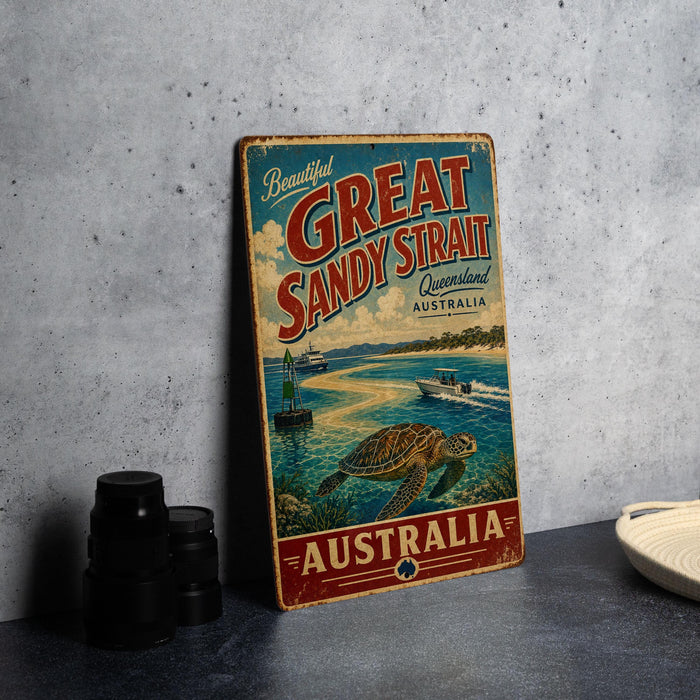 A vintage-style metal sign advertising "Great Sandy Strait" in Australia, featuring a scenic illustration of a beach, ocean, and wildlife.