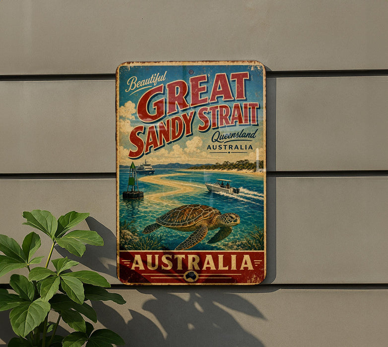 A vintage-style metal sign advertising the Great Sandy Strait in Australia, featuring a scenic image of the strait and a turtle swimming in the water.