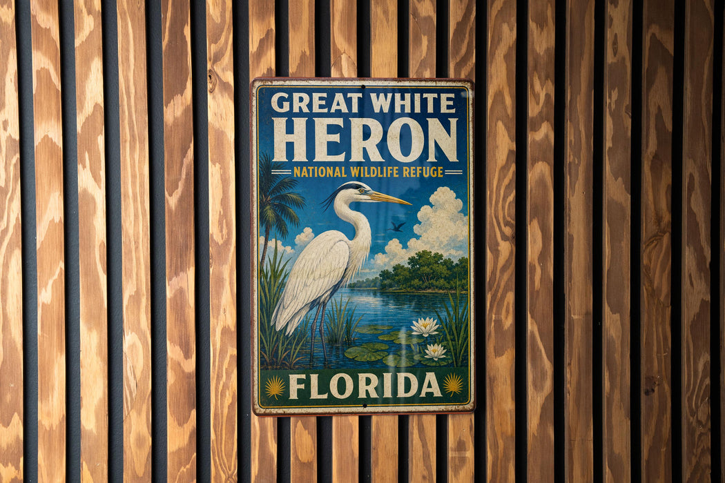 A vintage-style metal sign for the Great White Heron National Wildlife Refuge in Florida, featuring a large heron standing in a pond surrounded by lush vegetation.