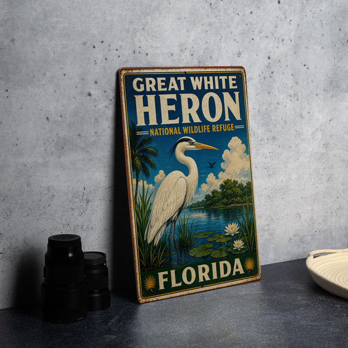 A vintage-style sign for the Great White Heron National Wildlife Refuge in Florida, featuring an illustration of a heron in a natural setting.