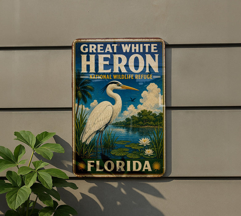 A vintage-style metal sign for the Great White Heron National Wildlife Refuge in Florida, featuring a large white heron standing on a pond surrounded by palm trees and other vegetation.