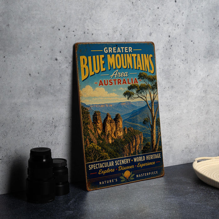 a vintage-style metal sign with a scenic mountain landscape, placed on a countertop next to some camera equipment.