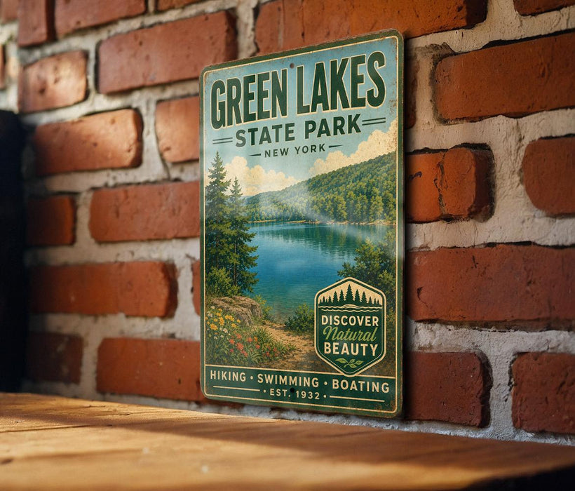 A vintage-style metal sign for Green Lakes State Park in New York, featuring a scenic image of the lake surrounded by trees and mountains.