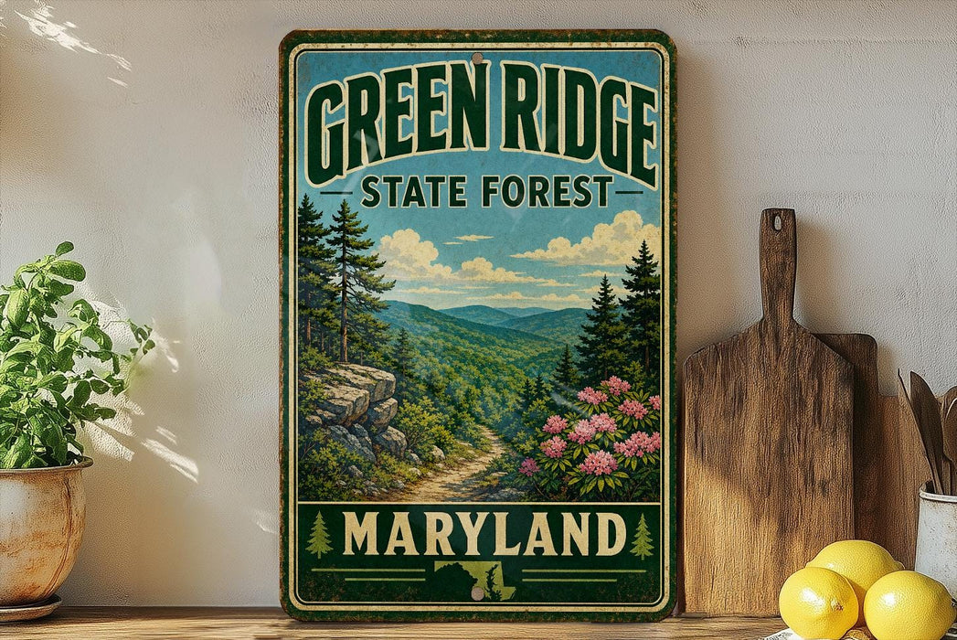 A vintage-style metal sign for the Green Ridge State Forest in Maryland, featuring a scenic mountain landscape with pine trees, flowers, and a winding path.