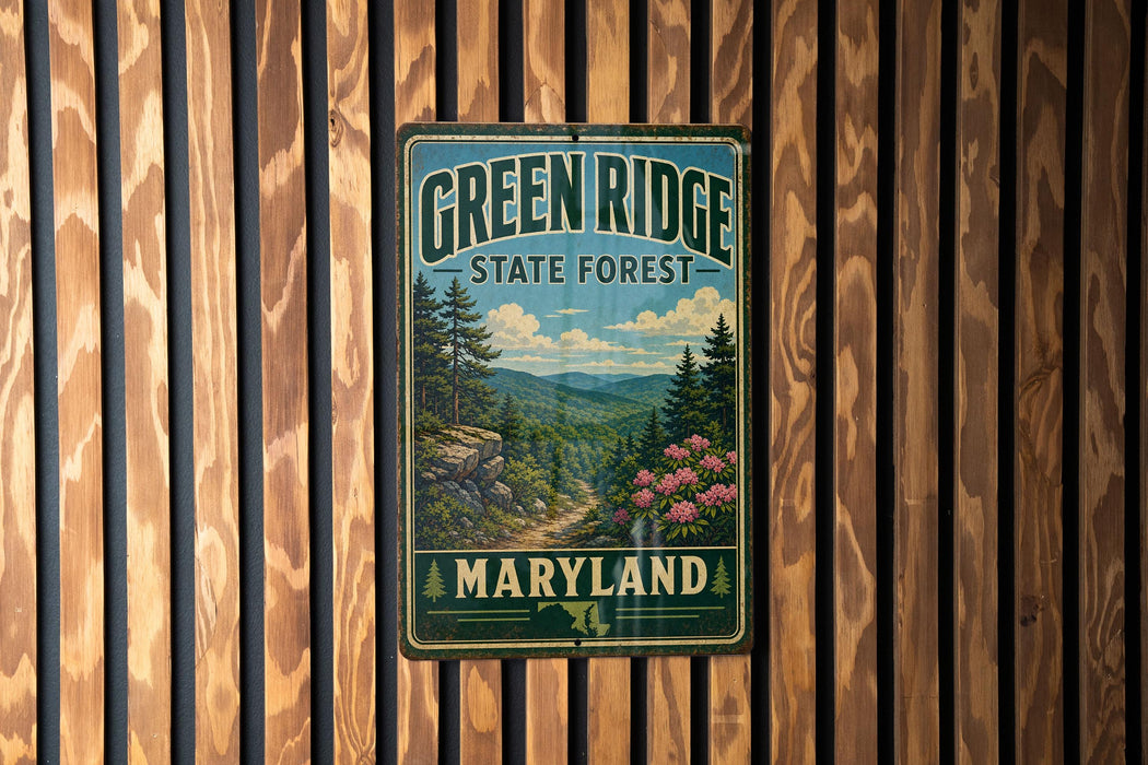 A vintage-style metal sign for the Green Ridge State Forest in Maryland, featuring a scenic landscape with pine trees, mountains, and pink flowers.