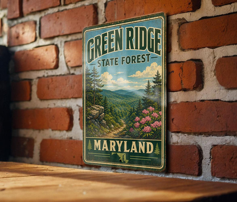 A vintage-style metal sign for the Green Ridge State Forest in Maryland, featuring a scenic landscape with mountains, pine trees, and pink flowers.