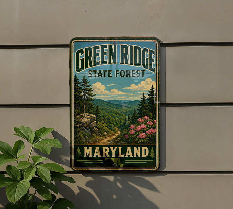 A vintage-style metal sign for the Green Ridge State Forest in Maryland, featuring a scenic landscape with pine trees, mountains, and a winding path.