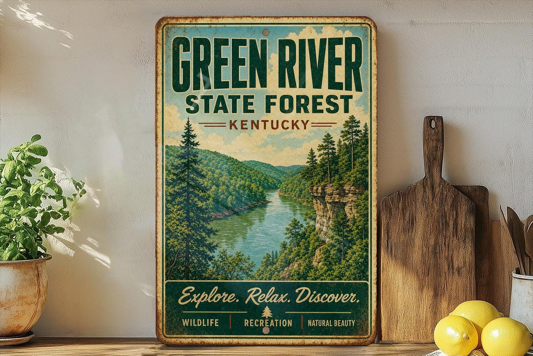A vintage-style sign for the Green River State Forest in Kentucky, featuring a scenic image of a river surrounded by pine trees and mountains.