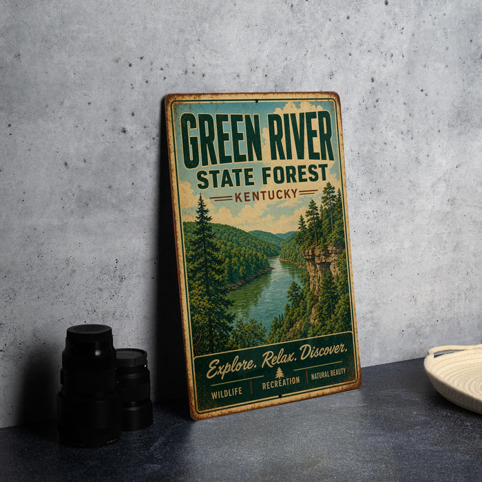 A vintage-style metal sign for the Green River State Forest in Kentucky, featuring a scenic image of the river surrounded by lush forests.